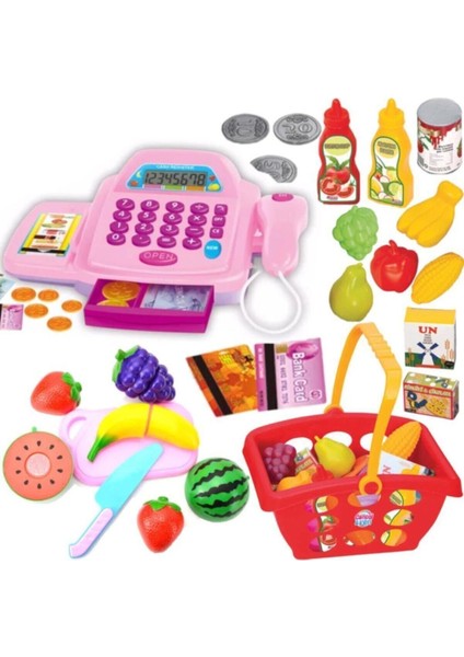 Luxury Oyuncak Yazar Kasa Pilli Sesli Barkod Okuyuculu + Market Sepeti + Kesilebilen Meyve Sebze Set 1 Adet