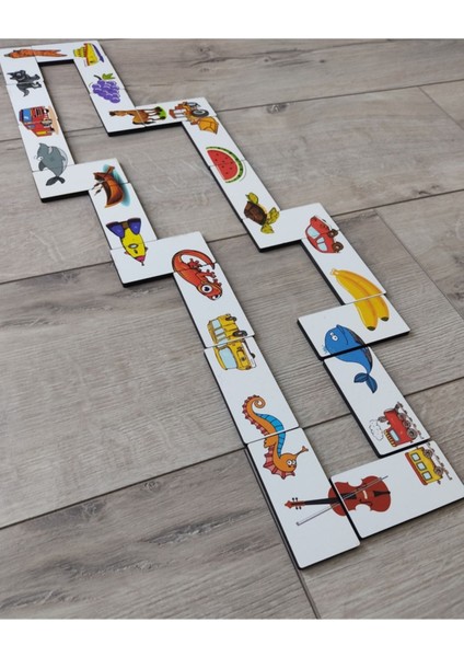 Luxury Ahşap Renkli Domino Hayvanlar, Meyveler ve Taşıtlar Puzzle 1 Adet