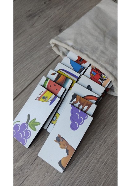 Luxury Ahşap Renkli Domino Hayvanlar, Meyveler ve Taşıtlar Puzzle 1 Adet