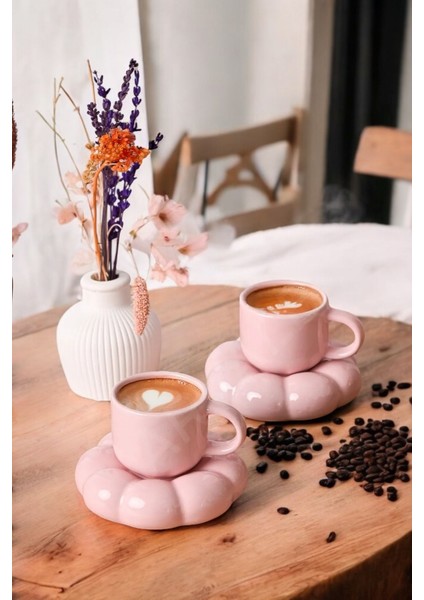 Luxury Mithra Life 2 Adet 95 ml Papatya Şekilli Seramik Pembe Türk Kahvesi Fincan Takımı MIT1159 1 Adet