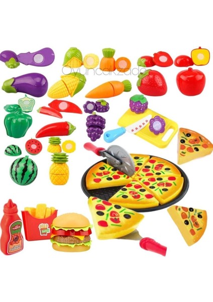 Luxury 24 Parça Kesilebilir Meyve Sebze + 16 Parça Aksesuarlı Tepsili Pizza Seti + Hamburger Seti Oyun Seti 1 Adet