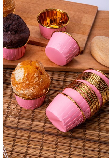 Luxury Pembe Parlak Karton 25'li Kek Kalıbı Kenarı Gold Kaplama Fırında Dağılmayan 6.5x4 cm Muffin Cupcake 1 Adet