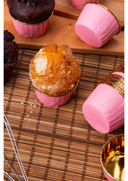 Luxury Pembe Parlak Karton 25'li Kek Kalıbı Kenarı Gold Kaplama Fırında Dağılmayan 6.5x4 cm Muffin Cupcake 1 Adet