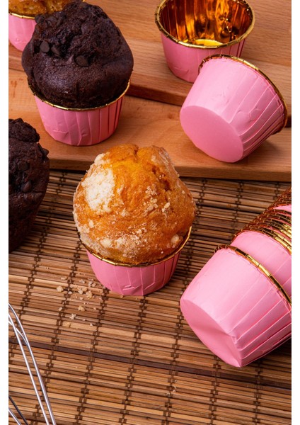 Luxury Pembe Parlak Karton 25'li Kek Kalıbı Kenarı Gold Kaplama Fırında Dağılmayan 6.5x4 cm Muffin Cupcake 1 Adet