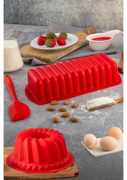 Luxury 3 Parça Antrasit Silikon Kek Kalıbı Seti Baton Kek Kalb - Oval Kek Kalıbı - Spatula 1 Adet