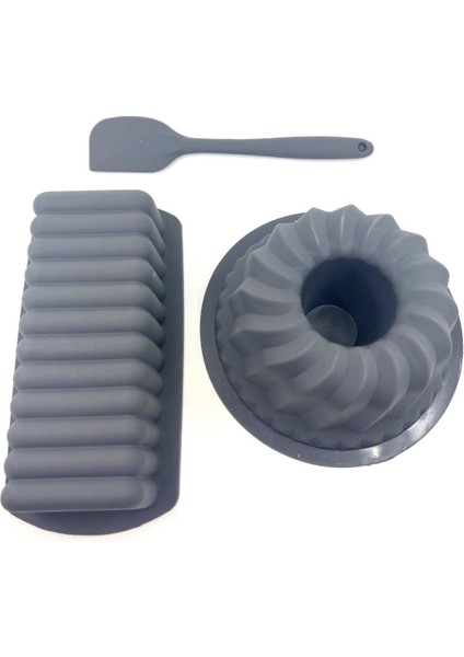 Luxury 3 Parça Antrasit Silikon Kek Kalıbı Seti Baton Kek Kalb - Oval Kek Kalıbı - Spatula 1 Adet