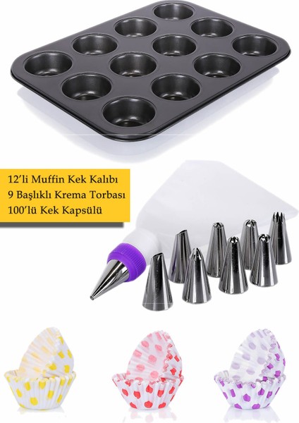 Luxury 12'li Muffin Kek Kalıbı, Krema Torbası ve 100 Adet Renkli Cupcake , Browni ,muffin Kağıdı Kalıbı Set 1 Adet