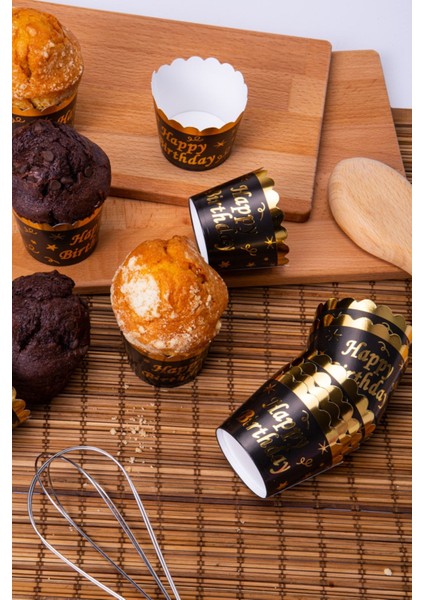 Luxury Gold Altın Yaldızlı Siyah 12'li Kek Kalıbı Happy Birthday Yazılı Fırında Dağılmayan 6.5x5 cm Muffin 1 Adet