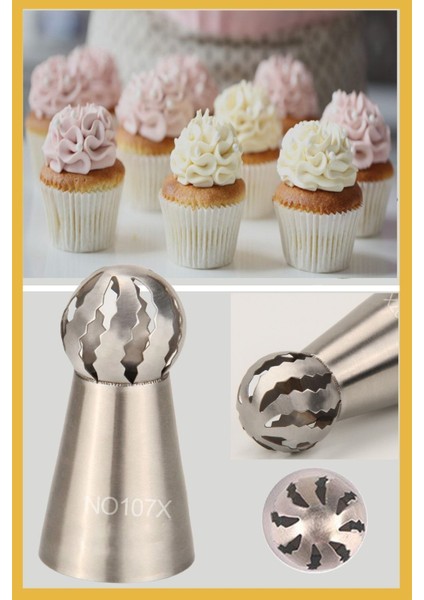 Luxury Paslanmaz Çelik Krema Sıkma Torbası Ucu ( Russian Ball Piping Tips) 1 Adet + 4 Adet Sıkma Torbası 1 Adet