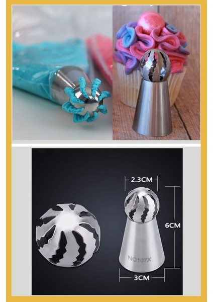 Luxury Paslanmaz Çelik Krema Sıkma Torbası Ucu ( Russian Ball Piping Tips) 1 Adet + 4 Adet Sıkma Torbası 1 Adet