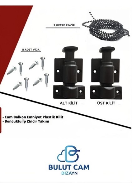 Luxury Cam Balkon Kilidi | Emniyet Plastik Kilit | Boncuklu Ip Zincir Takım Seti | (Siyah) 1 Adet