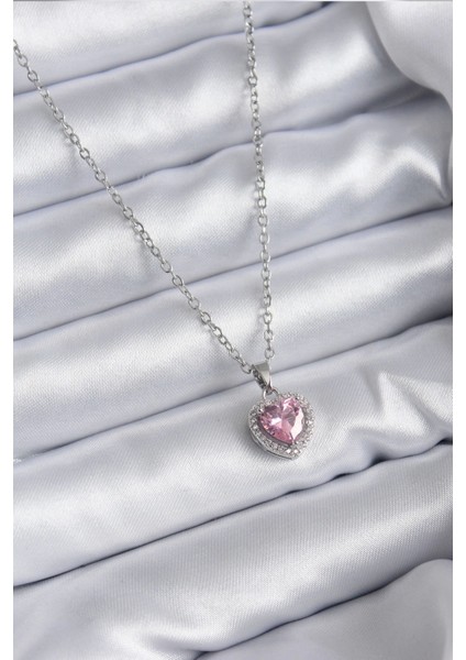316L Çelik Zincir Gümüş Renk Pembe Zirkon Taş Charm Model Kadın Kolye - TJ-BKO7853