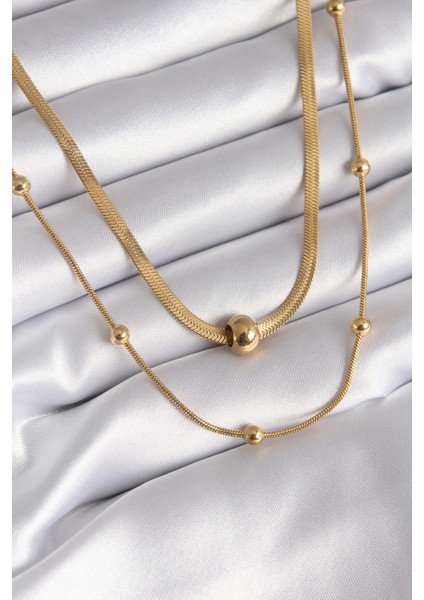 316L Çelik Gold Renk Italyan Zincir Model Topçuk Detay Kadın Kolye - TJ-BKO8312