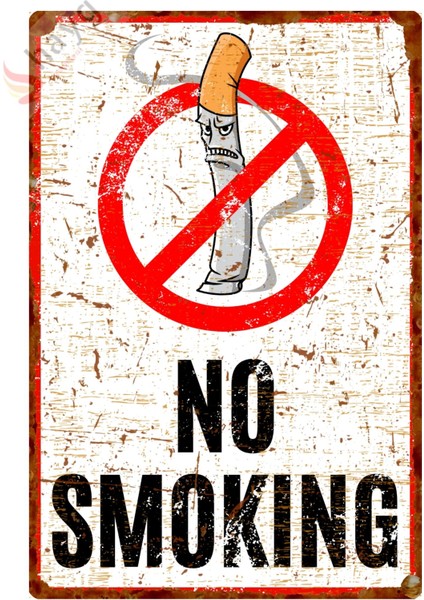 Kızgın Bakışlı Karikatürlü No Smoking Alüminyum Levha - Pas Görünümlü Sigara Içmek Yasaktır Metal Tabela
