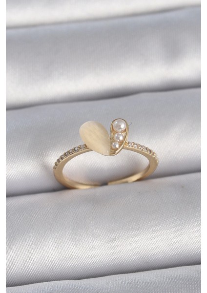 Pirinç Gümüş Renk Ayarlanabilir Zirkon Taşlı Beyaz Mineli Kalp Model Kadın Yüzük - TJ-BYK3376