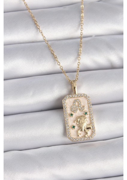 316L Çelik Gold Renk Zincir Aslan Burcu Zirkon Taşlı Kadın Kolye - TJ-BKO9460