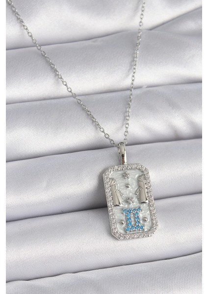 316L Çelik Gümüş Renk Zincir Ikizler Burcu Zirkon Taşlı Kadın Kolye - TJ-BKO9446