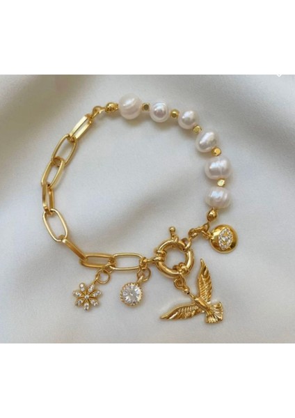 Anka Kuşu Charmlı Doğal Inci Bileklik