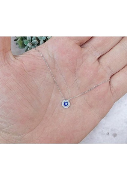 Zirkon Taşlı ve Lazer Mineli Nazar Boncuğu Göz 925 Ayar Gümüş Kolye