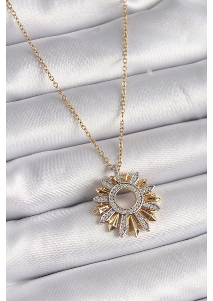 316L Çelik Gold Renk Zincir Zirkon Taşlı Mix Renk Güneş Model Kadın Kolye - TJ-BKO9477