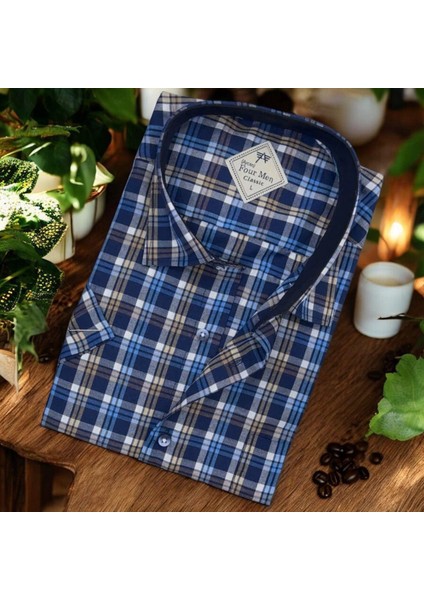 Pamuklu Klasik Kısa Kollu Lacivert Cepli Erkek Gömlek (Regular Kalıp)