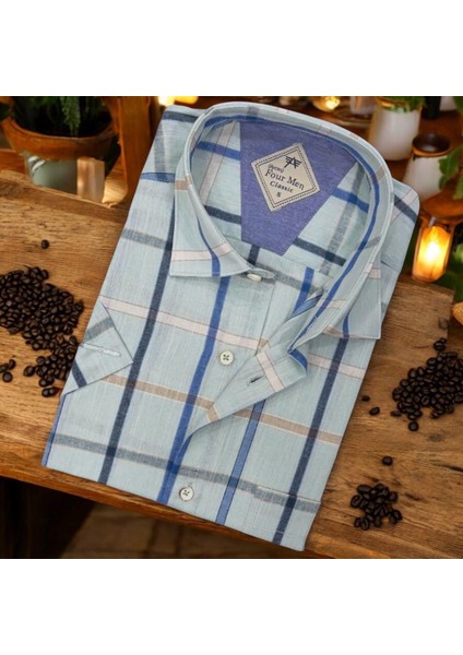Pamuklu Klasik Kısa Kollu Açık Mavi Cepli Erkek Gömlek (Regular Kalıp)