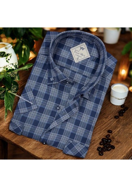 Pamuklu Klasik Kısa Kollu Lacivert Cepli Erkek Gömlek (Regular Kalıp)