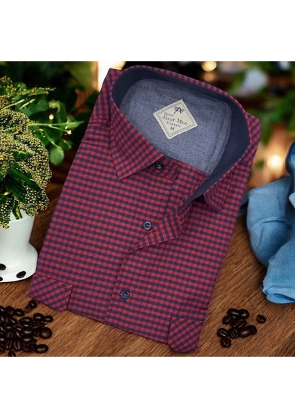 Pamuklu Klasik Kısa Kollu Bordo Cepli Erkek Gömlek (Regular Kalıp)