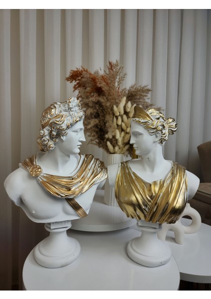 Dekoratif Gold Detaylı Apollo ve Afrodit Büst Biblo Obje