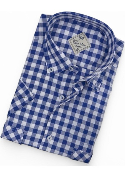 Pamuklu Klasik Kısa Kollu Mavi Cepli Erkek Gömlek (Regular Kalıp) fiyatları