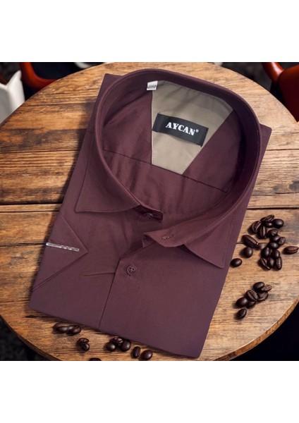 Pamuklu Klasik Kısa Kollu Bordo Cepli Erkek Gömlek (Regular Kalıp)