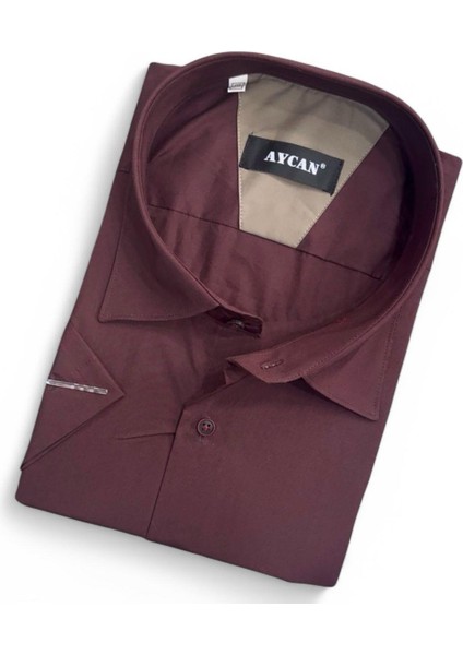 Pamuklu Klasik Kısa Kollu Bordo Cepli Erkek Gömlek (Regular Kalıp) fiyatları