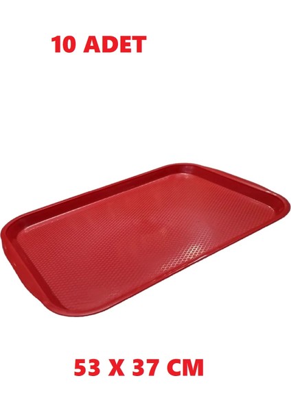 10 Adet Büyük Kırmızı Plastik Servis Tepsisi Kırılmaz Lokanta Büfe Fast Food Kullanım ( 53 X37 Cm)