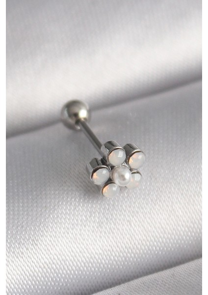 316L Çelik Gümüş Renk Zirkon Taşlı Çiçek Model Tragus Piercing - TJ-PR1283