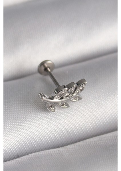 316L Çelik Gümüş Renk Dal Model Zirkon Taş Detaylı Tragus Piercing - TJ-PR1343