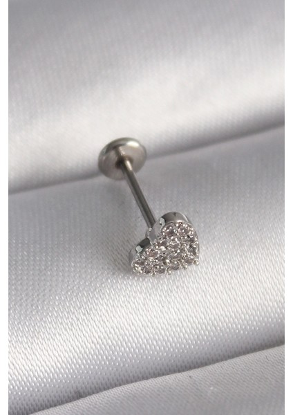 316L Çelik Gümüş Renk Zirkon Taşlı Kalp Model Tragus Piercing - TJ-PR1347