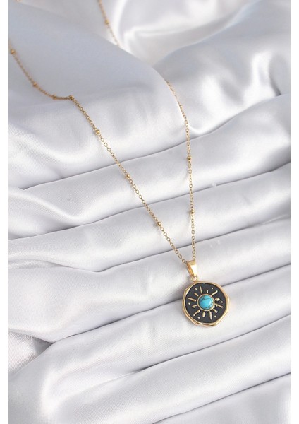 316L Çelik Gold Renk Mavi Boncuk Güneş Işleme Madalyon Model Kadın Kolye - TJ-BKO9524 fiyatları