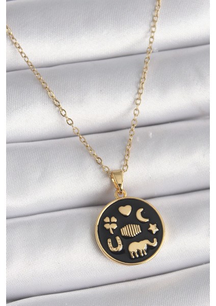 316L Çelik Gold Renk Siyah Şans Kolyesi - TJ-BKO9547