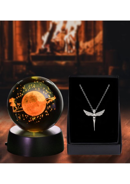 Kişiye Özel 3D Samanyolu Temalı Satürn Kız Işıklı Cam Küre & Melek Kolye Hediye Seti