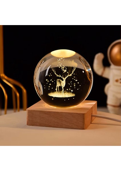 Isme Özel Büyük Boy Işıklı Ahşap Kaideli Geyik Temalı Cam Küre 8 cm