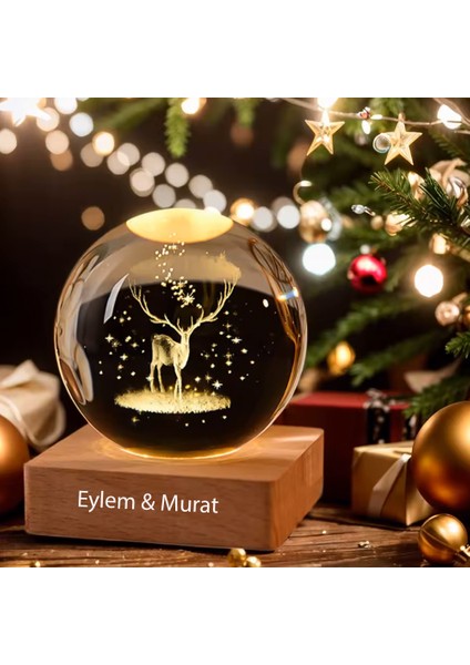 Isme Özel Büyük Boy Işıklı Ahşap Kaideli Geyik Temalı Cam Küre 8 cm fiyatları