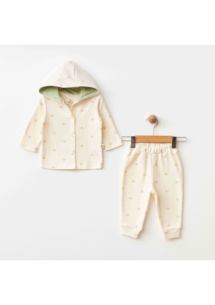 Çiçekli Kapşonlu Hırka Pantlon Set(Organik)
