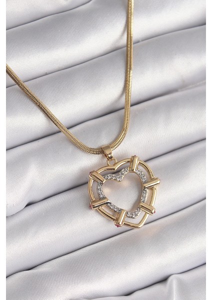 316L Çelik Gold Renk Italyan Zincir Mix Renk Zirkon Taşlı Kalp Model Kadın Kolye - TJ-BKO9601
