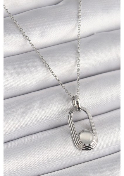 316L Çelik Gümüş Renk Zincir Beyaz Kedi Göz Model Kadın Kolye - TJ-BKO9612