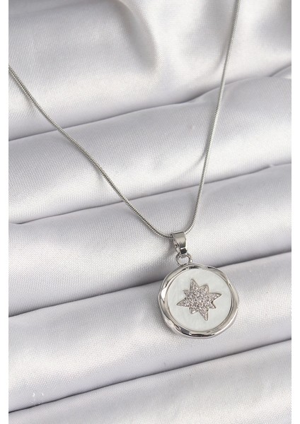 316L Çelik Gümüş Renk Zincir Beyaz Sedefli Zirkon Taşlı Yıldız Işleme Model Kadın Kolye - TJ-BKO9635