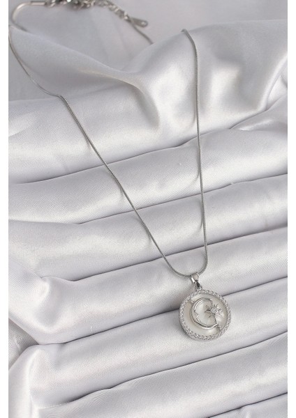 316L Çelik Gümüş Renk Zincir Zirkon Taş Detaylı Beyaz Sedefli Ay Yıldız Işleme Kadın Kolye - TJ-BKO9639 fiyatları