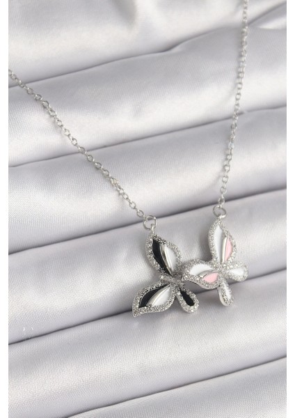 316L Çelik Gümüş Renk Zincir Zirkon Taşlı Renkli Kelebek Model Kadın Kolye - TJ-BKO9615