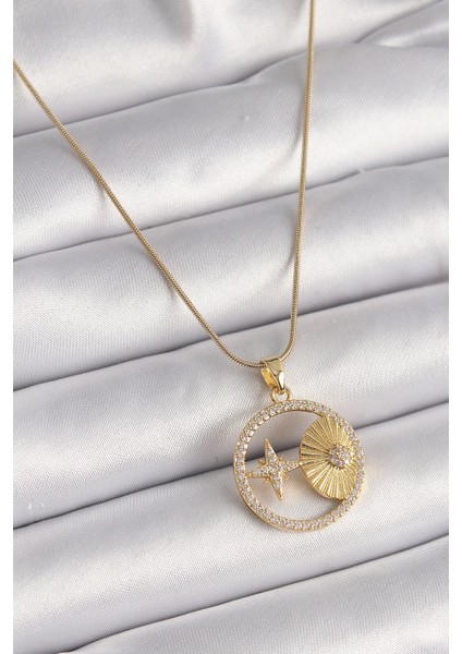 316L Çelik Gold Renk Zincir Zirkon Taşlı Yıldız Işleme Madalyon Model Kadın Kolye - TJ-BKO9636