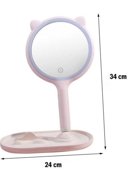 Kedi Kulaklı Telefon Standlı Yuvarlak Dokunmatik LED Ayarlı Masa Üstü Makyaj Aynası (4887)