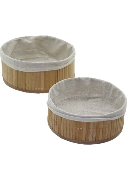 2li Yuvarlak Bambu Kenar Organizer Sepet Ahşap Altlık - Bezli Ç:24.5cm Y:10CM - Ç:20CM Y:8cm (4887)